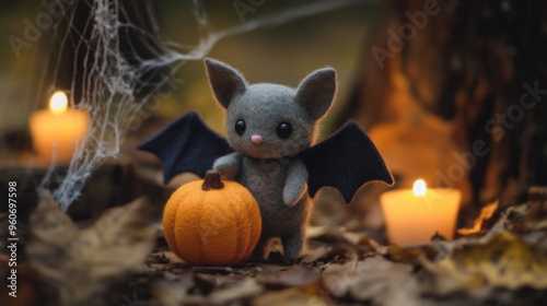 Cute bat with pumpkin and candles and coweb. Adorable felt toy Halloween character for poster, greeting card photo