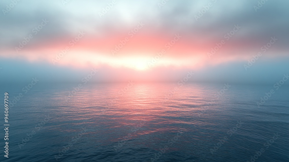 Fototapeta premium A vibrant sunrise paints the sky in soft pinks as the tranquil ocean reflects the morning light