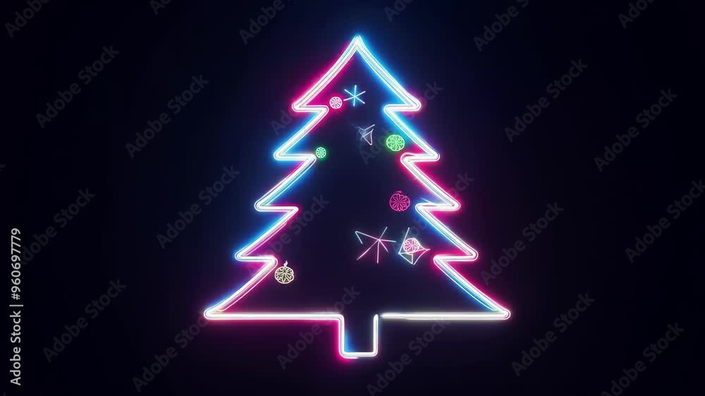 Neon outline of a Christmas tree with colorful ornaments on a dark background. Concept of festive decoration, holiday spirit, and modern Christmas design. Neon outline of a Christmas tree with colorful ornaments on a dark background. Concept of festive decoration, holiday spirit, and modern Christmas design.