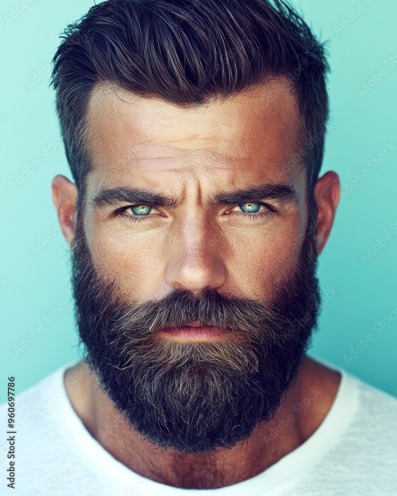 Obraz premium A man with a thick beard and deep blue eyes looks confidently at the viewer, set against a bright turquoise backdrop
