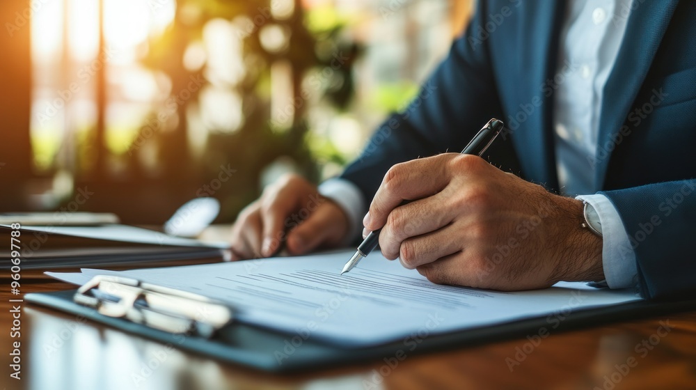 Man in a Suit Signing a Document with a Pen Man in a Suit Signing a Document with a Pen