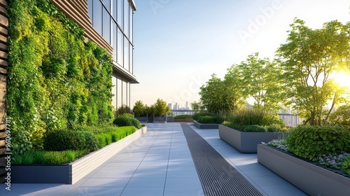 a city rooftop garden featuring green walls and modular planters photo