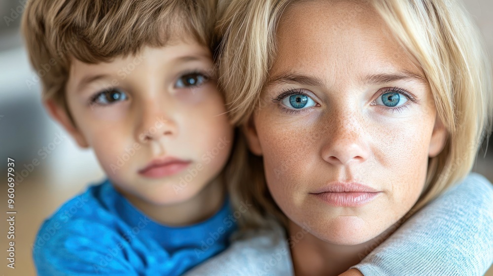 A mother holds her son close, both looking directly at the viewer with expressions of affection and calmness A mother holds her son close, both looking directly at the viewer with expressions of affection and calmness