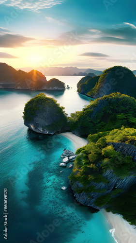 beautiful islands with turquoise water, lush green forest  and rocky cliffs