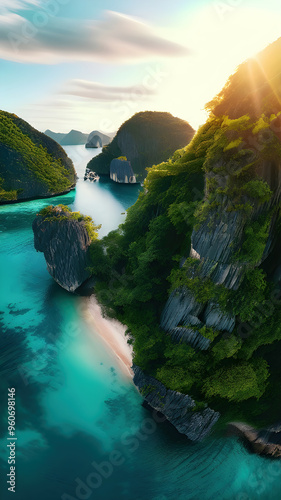 beautiful islands with turquoise water, lush green forest  and rocky cliffs