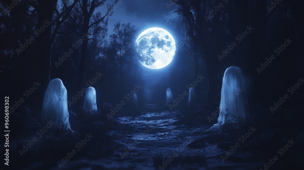 Fototapeta premium Ethereal Glowing Ghosts Haunt a Moonlit Forest Path