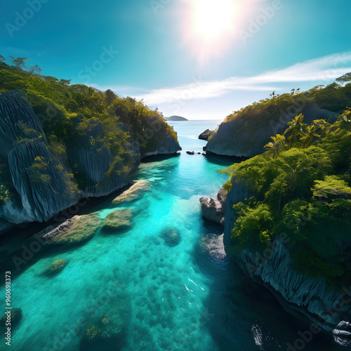 beautiful islands with turquoise water, lush green forest  and rocky cliffs