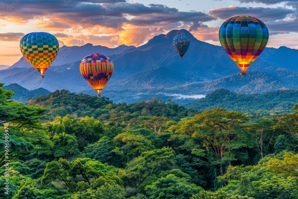 Fototapeta premium Colorful hot air balloons soaring over majestic mountains and picturesque meadows during sunset