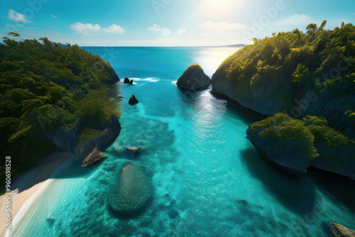 beautiful islands with turquoise water, lush green forest  and rocky cliffs
