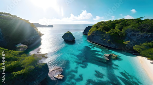beautiful islands with turquoise water, lush green forest  and rocky cliffs