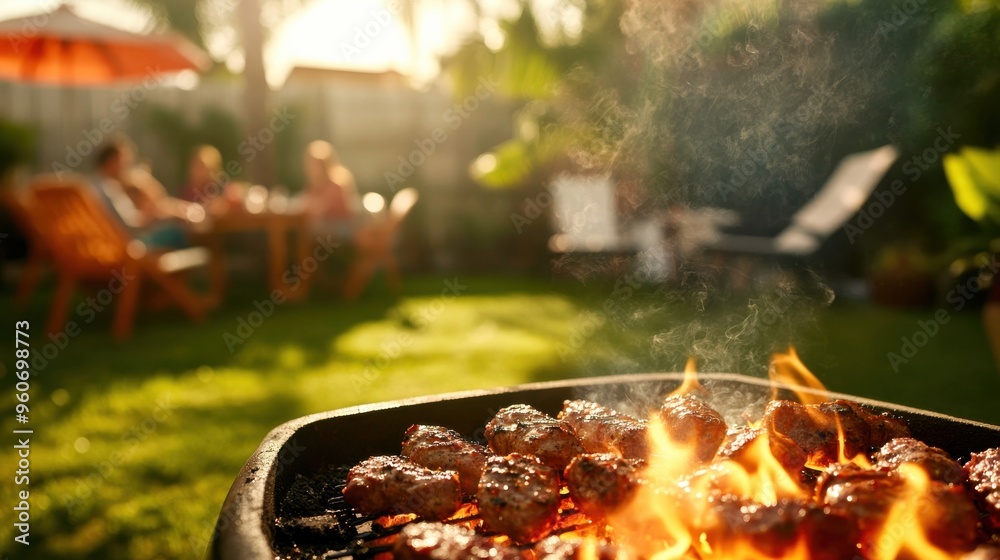Friends enjoy a lively summer gathering as they grill juicy steaks over an open flame, surrounded by lush greenery and warm sunlight Friends enjoy a lively summer gathering as they grill juicy steaks over an open flame, surrounded by lush greenery and warm sunlight