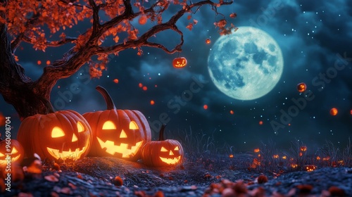 Jack-o'-lanterns Glowing Under a Full Moon on a Halloween Night photo