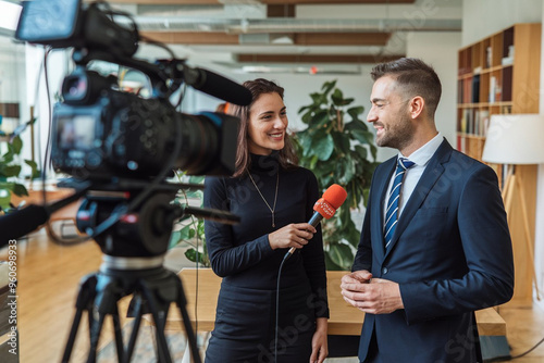Businessman Being Interviewed by Journalist for Media Show: Broadcasting Success and Insights