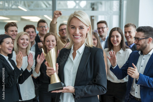 Joyful Female Leader Celebrates Business Award with Cheering Team: A Moment of Success and Achievement