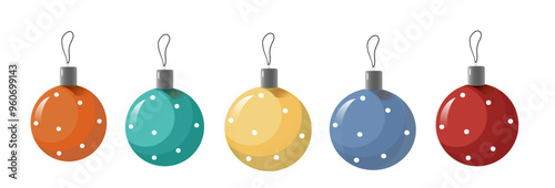 Collection of multicoloured Christmas balls icons isolated on white background. Christmas holiday toys decorated snowflakes. Vector illustration