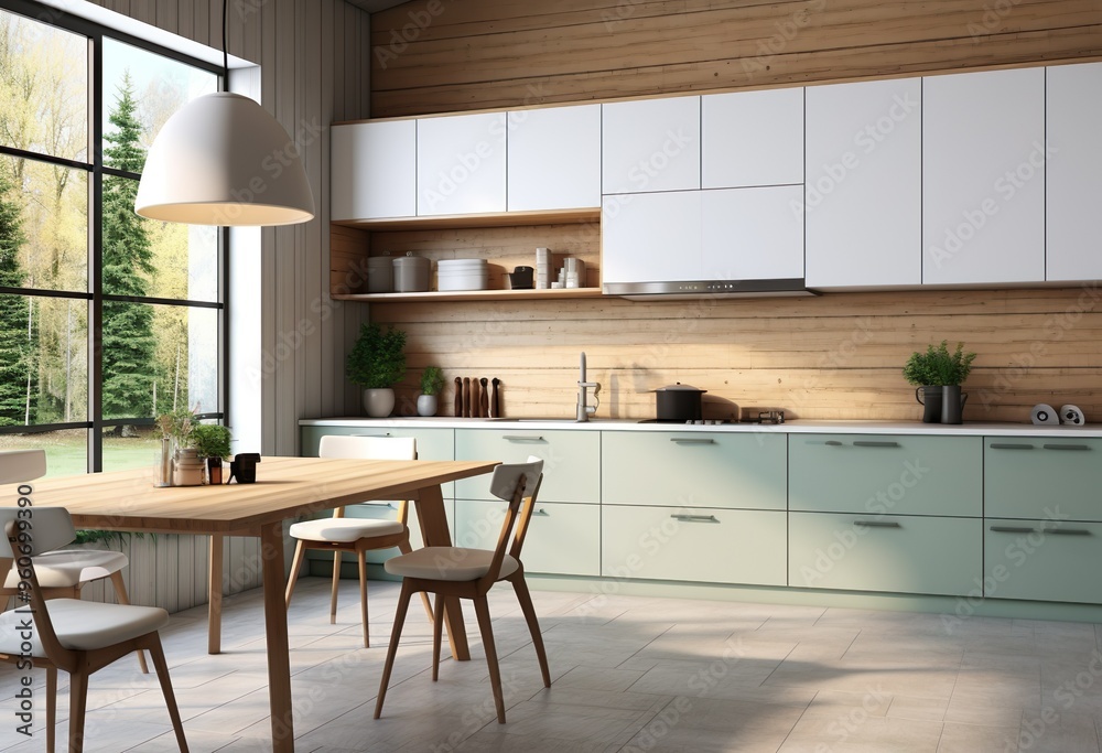 Blur background interior design, scandinavian minimalistic classic kitchen with wooden and white details, 3d illustration