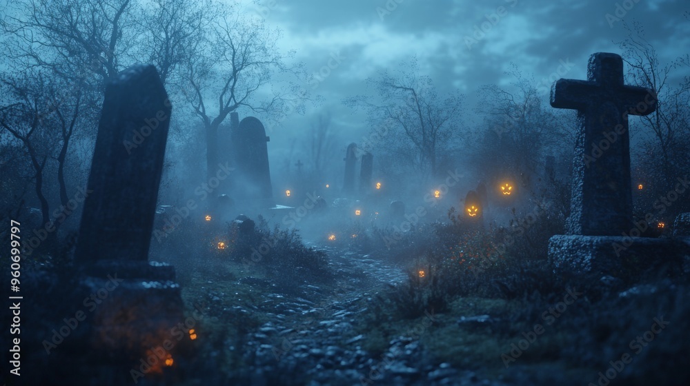 Eerie Graveyard with Glowing Jack-o'-Lanterns and Fog at Night Eerie Graveyard with Glowing Jack-o'-Lanterns and Fog at Night