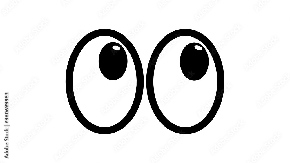 A minimalist vector illustration of cartoon eyes gazing to the right and upwards. Featuring two oval-shaped eyes with bold black outlines and simple white pupils, this design is perfect for animations A minimalist vector illustration of cartoon eyes gazing to the right and upwards. Featuring two oval-shaped eyes with bold black outlines and simple white pupils, this design is perfect for animations