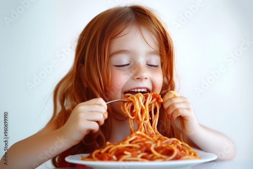 A red-haired girl, approximately 7-8 years old, enjoying a plate of spaghetti with visible delight. Her expression reflects the joy of eating. Set against a clean white background, photo