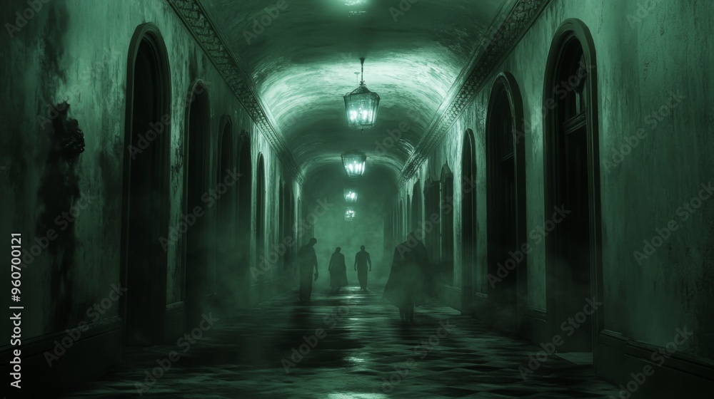 Figures Walking Through a Foggy, Green-Toned Hallway Figures Walking Through a Foggy, Green-Toned Hallway