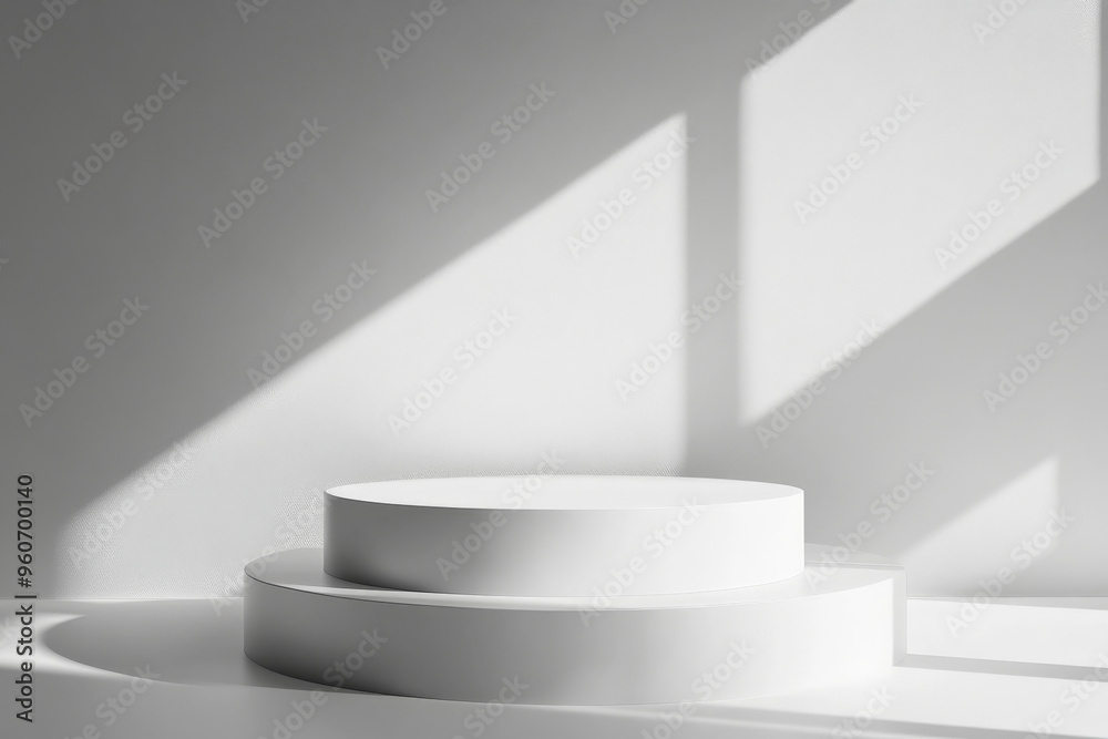 A minimalist white podium with a smooth, clean surface, set against a simple light gray background with soft shadows and natural light for an elegant presentation. A minimalist white podium with a smooth, clean surface, set against a simple light gray background with soft shadows and natural light for an elegant presentation.