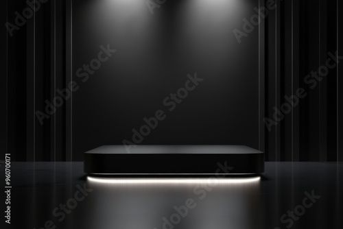 A sleek, black podium with a glossy finish, standing on a polished floor with a minimalist, dark background and subtle lighting.