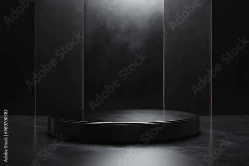 A sleek, black podium with a glossy finish, standing on a polished floor with a minimalist, dark background and subtle lighting.