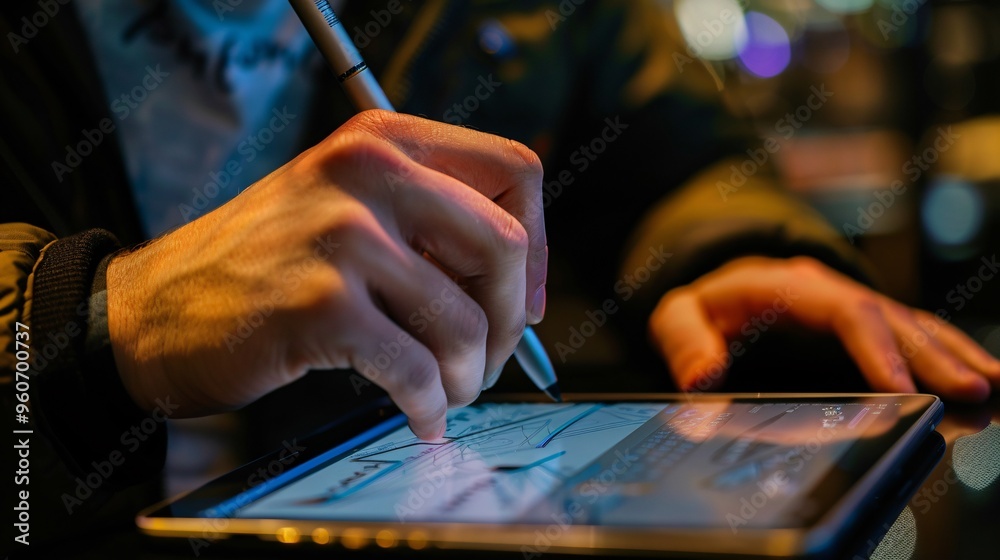 Fototapeta premium Close Up of a Person Using a Stylus on a Tablet