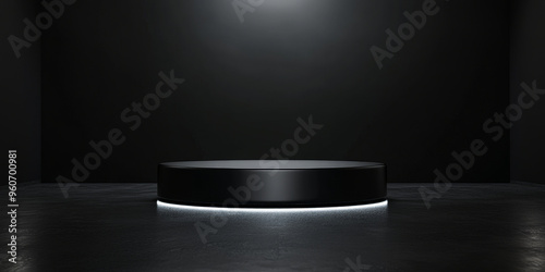 A sleek  black podium with a high-gloss finish  standing alone on a polished floor with a dramatic  dark background featuring subtle lighting effects.