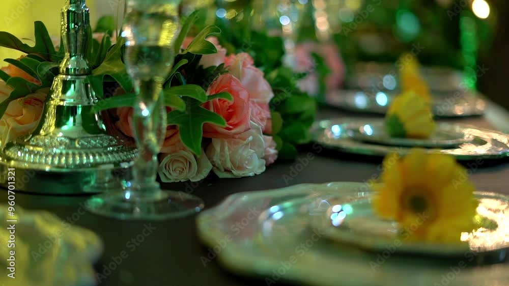 dishes arranged on a table decorated with yellow flowers and green foliage dishes arranged on a table decorated with yellow flowers and green foliage