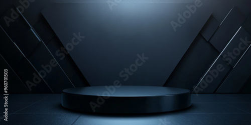 A glossy black podium with sharp, geometric lines, placed against a dark, moody background with subtle lighting to create depth and contrast.