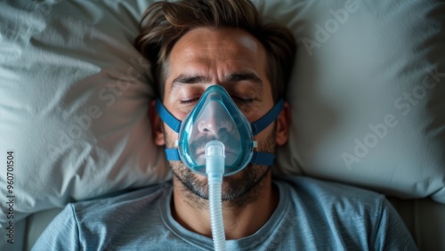 Man with Sleep Apnea Using CPAP Mask While Resting on Pillow