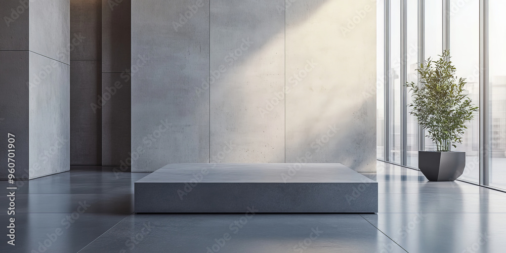 A minimalist stone podium made of smooth, grey concrete, placed in a sleek, modern architectural space with large windows and natural light. A minimalist stone podium made of smooth, grey concrete, placed in a sleek, modern architectural space with large windows and natural light.
