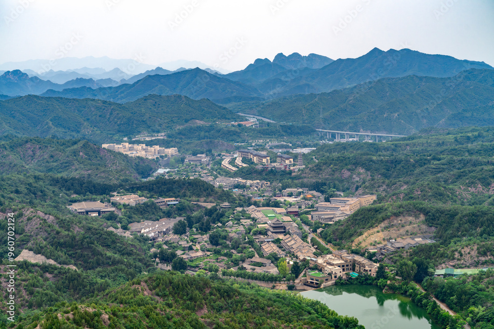 Fototapeta premium high angle view of ancient town in the mountain in northern China