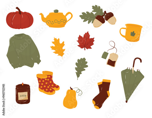 Autumnal big set with different colorful pumpkins, cozy fall clothes, leaves, umbrella, boots, warm drinks and dishes, etc. Isolated on the white background.  EPS 10