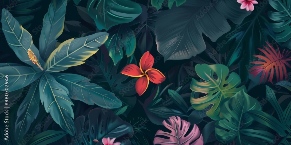 A vibrant red flower blooms amidst lush, dark tropical foliage, creating a striking contrast in a serene natural setting A vibrant red flower blooms amidst lush, dark tropical foliage, creating a striking contrast in a serene natural setting