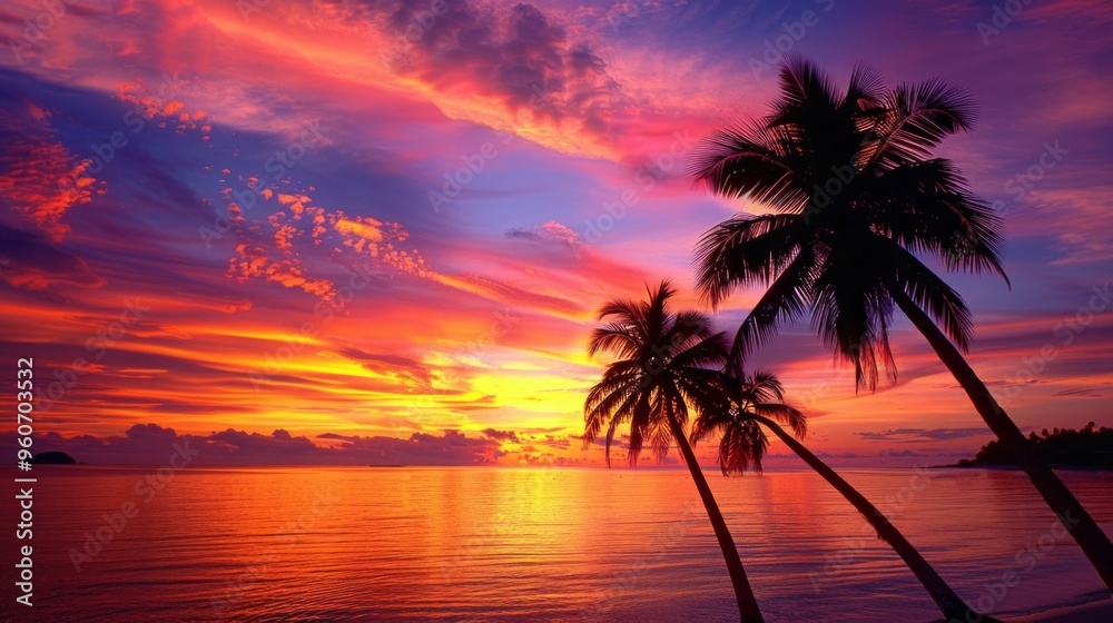 A vibrant sunset paints the sky in brilliant shades of pink, orange, and purple. Silhouetted palm trees add a tropical touch. Perfect for relaxation and travel themes. AI A vibrant sunset paints the sky in brilliant shades of pink, orange, and purple. Silhouetted palm trees add a tropical touch. Perfect for relaxation and travel themes. AI