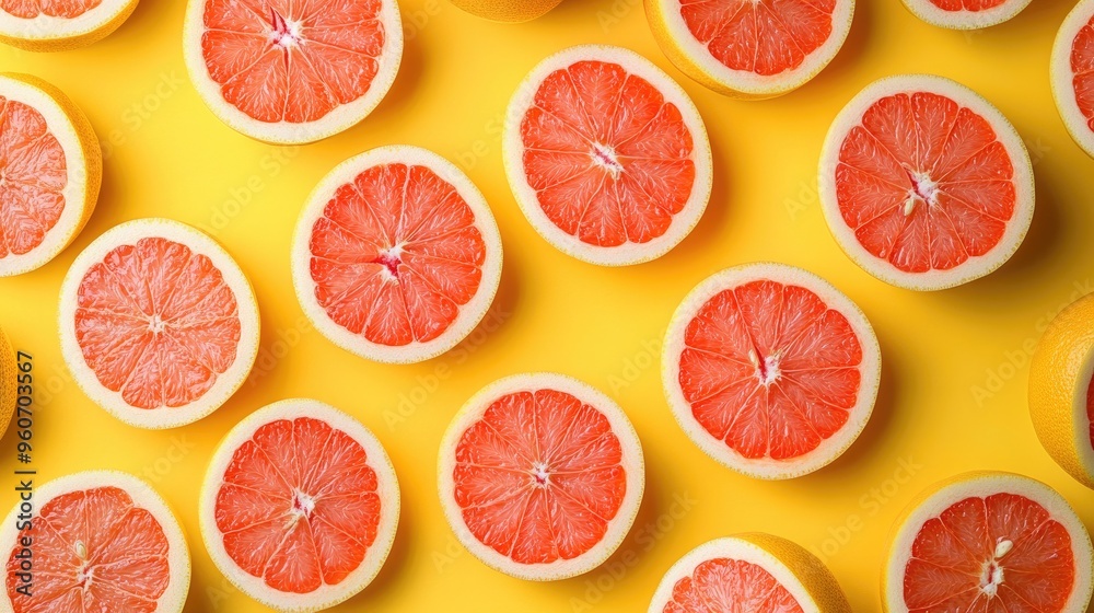 Obraz premium Fresh Sliced Grapefruit Halves on Bright Yellow Background, Healthy Citrus Fruit Pattern