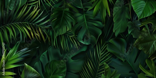 A lush panorama of dark green tropical leaves creates a vibrant backdrop, showcasing nature's diverse plant life in a serene environment