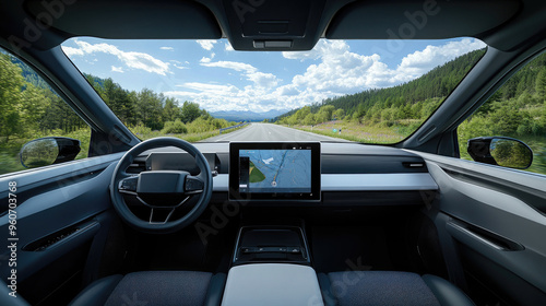Wallpaper Mural Autonomous Electric Car Interior with Digital Dashboard and Scenic Highway View Torontodigital.ca