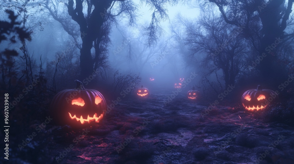 Naklejka premium Jack-o'-lanterns illuminated in a misty forest path