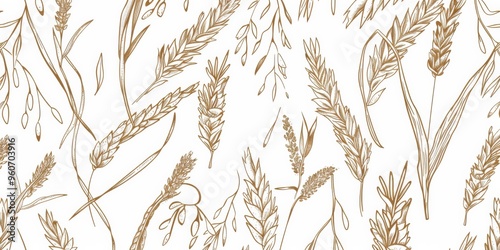 Hand-drawn vector seamless pattern of grain spikelets celebrates autumn harvest with a creative touch for packaging and labels