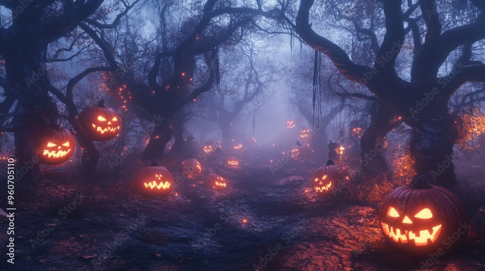 Jack-o'-Lanterns Glowing in a Foggy, Spooky Forest Jack-o'-Lanterns Glowing in a Foggy, Spooky Forest