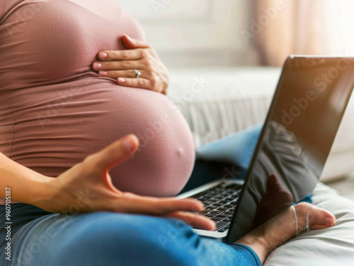 Pregnant woman practicing yoga at home while engaging in an online class for prenatal health and mindfulness