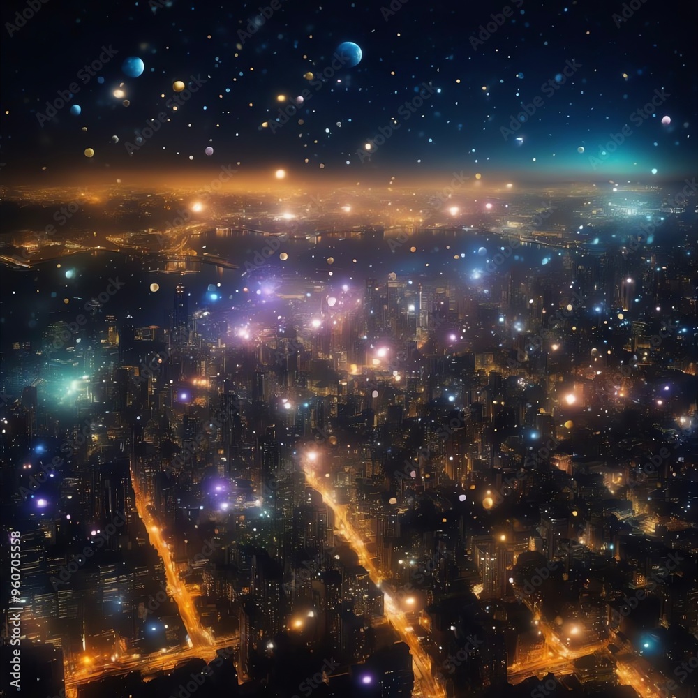 Gorgeous nighttime landscape with lots of bokeh lights illuminating a pitch-black background.
Gorgeous nighttime landscape with lots of bokeh lights illuminating a pitch-black background.
