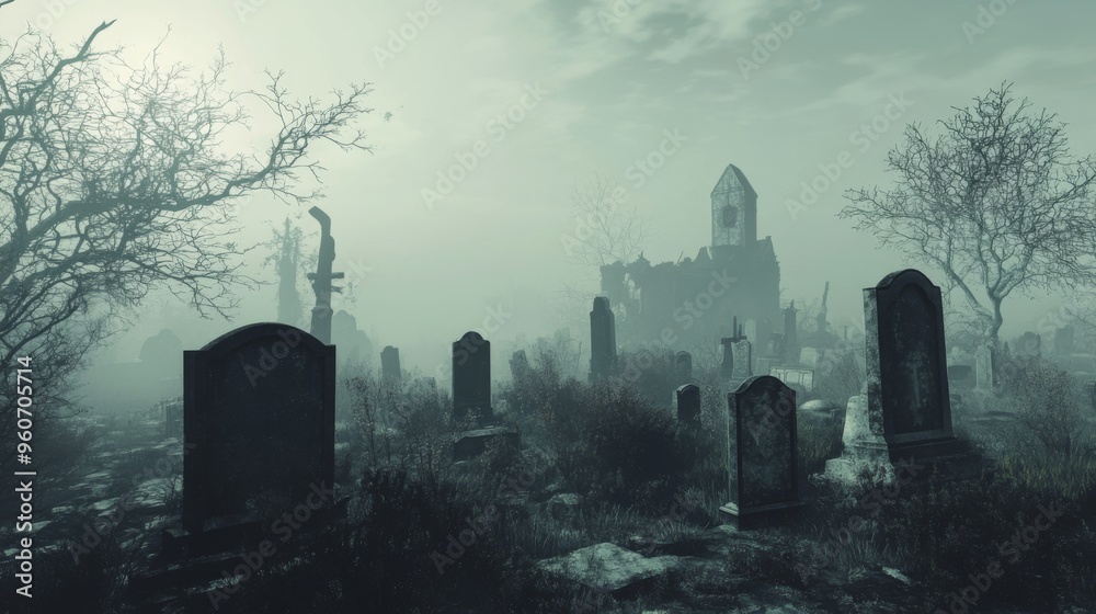 A Foggy and Eerie Graveyard with a Ruined Church in the Background