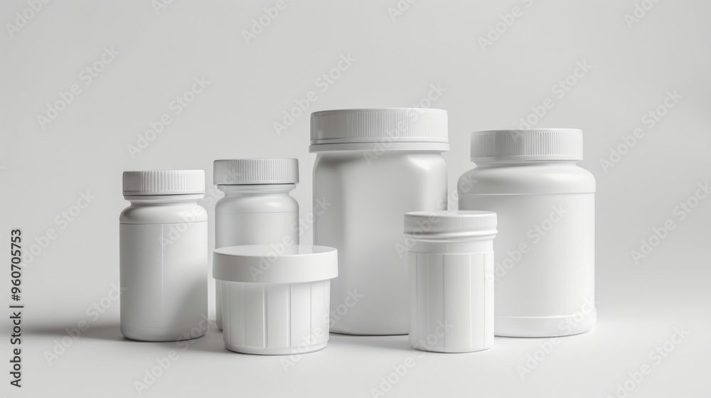 A collection of elegant white containers arranged on a soft background. These jars and bottles are perfect for supplements and beauty products. They represent simplicity in design. AI A collection of elegant white containers arranged on a soft background. These jars and bottles are perfect for supplements and beauty products. They represent simplicity in design. AI