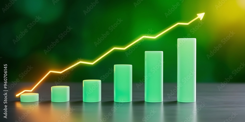 Fototapeta premium Ascending Bar Graph with Yellow Arrow Indicating Growth on Bokeh Background - Business Success Concep