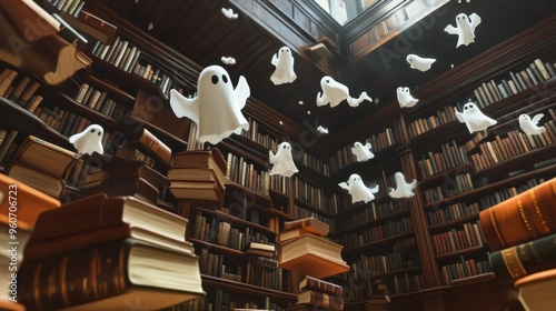 Ghosts Flying Around Bookshelves in a Library photo