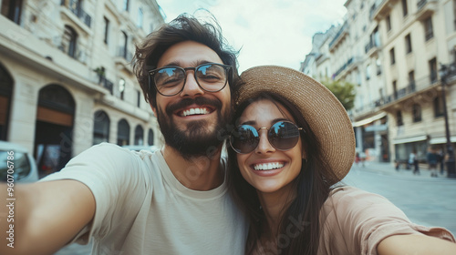 couple smiling at the camera while enjoying their sightseeing adventure, capturing their excitement and happiness during the trip. Perfect for visuals showcasing travel, exploratio photo